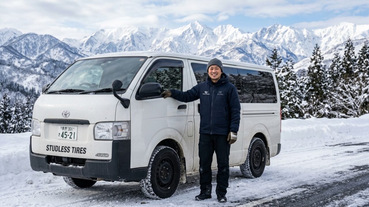 Toyota Hiace Studless Tire Inspection in Winter Snow Setting