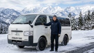 Toyota Hiace Studless Tire Inspection in Winter Snow Setting