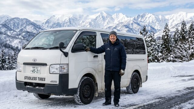 Toyota Hiace Studless Tire Inspection in Winter Snow Setting