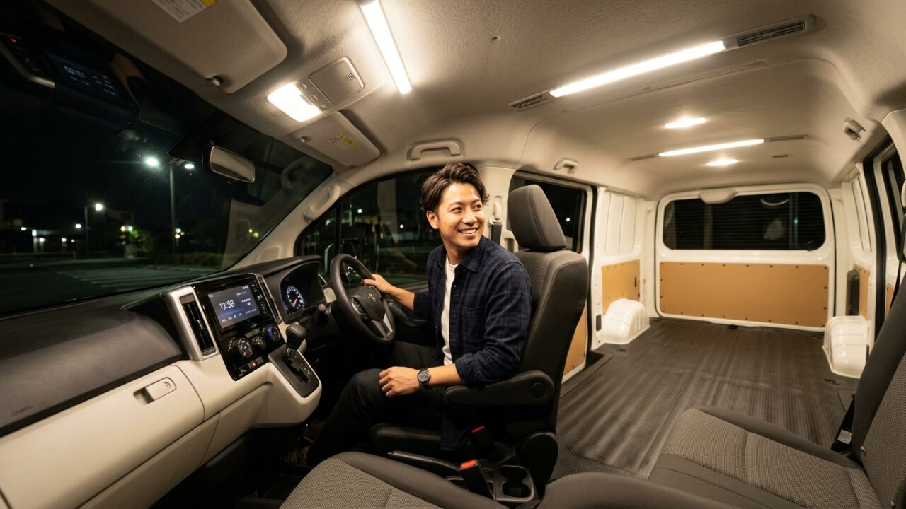 Bright LED Interior Room Lamp Installed in Toyota Hiace Cabin at Night