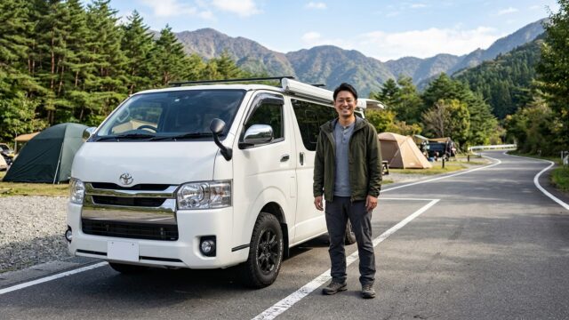 Toyota Hiace with Modern Stylish Mudguards Parked at Campsite with Owner