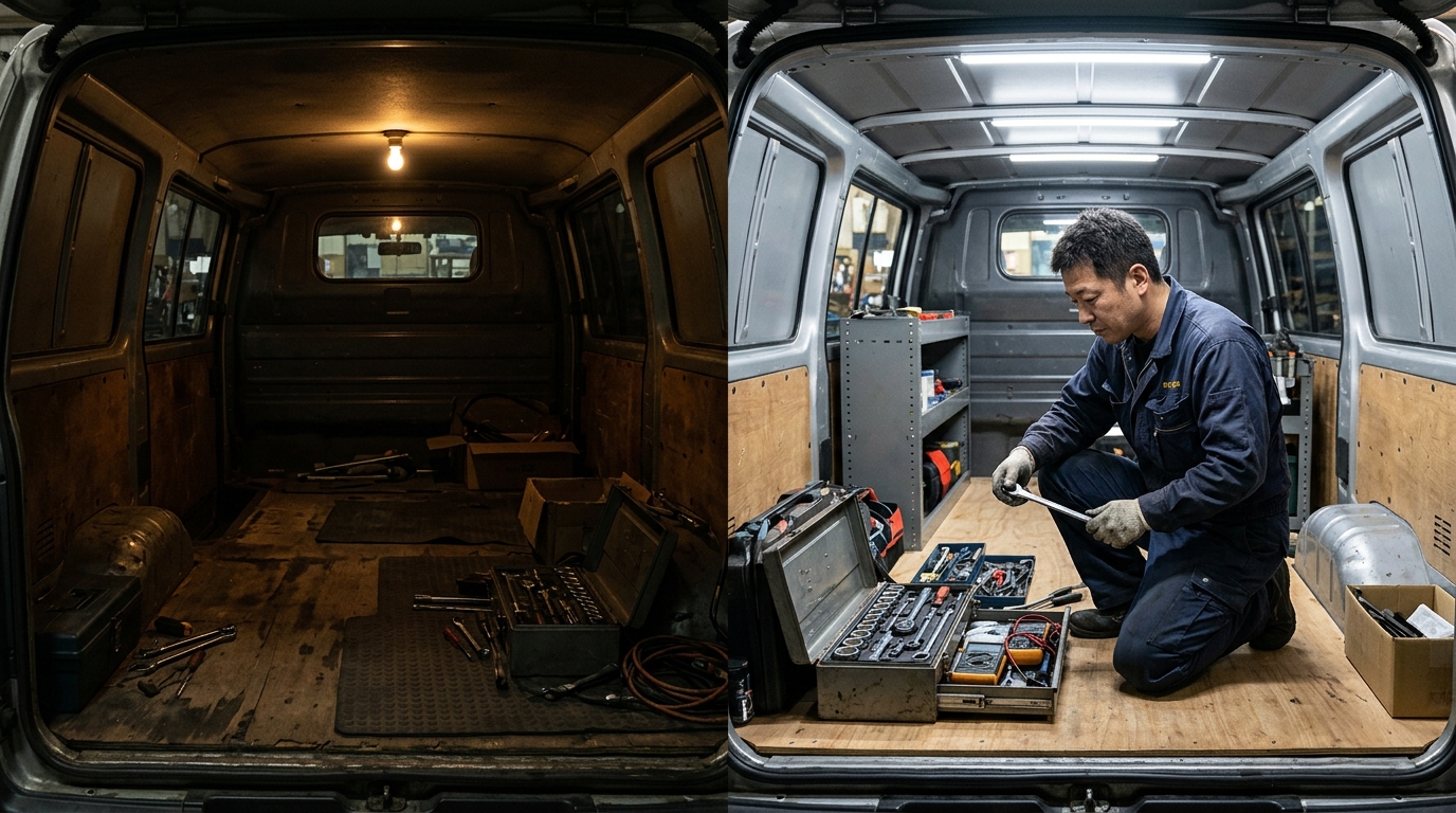 Comparison of Dim Stock Halogen and Bright LED Room Lamp in Toyota Hiace
