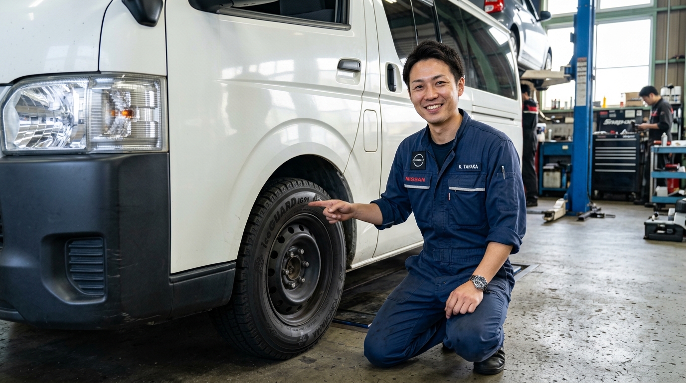 Japanese Mechanic Checking Hiace Commercial LT Studless Tire Size Markings