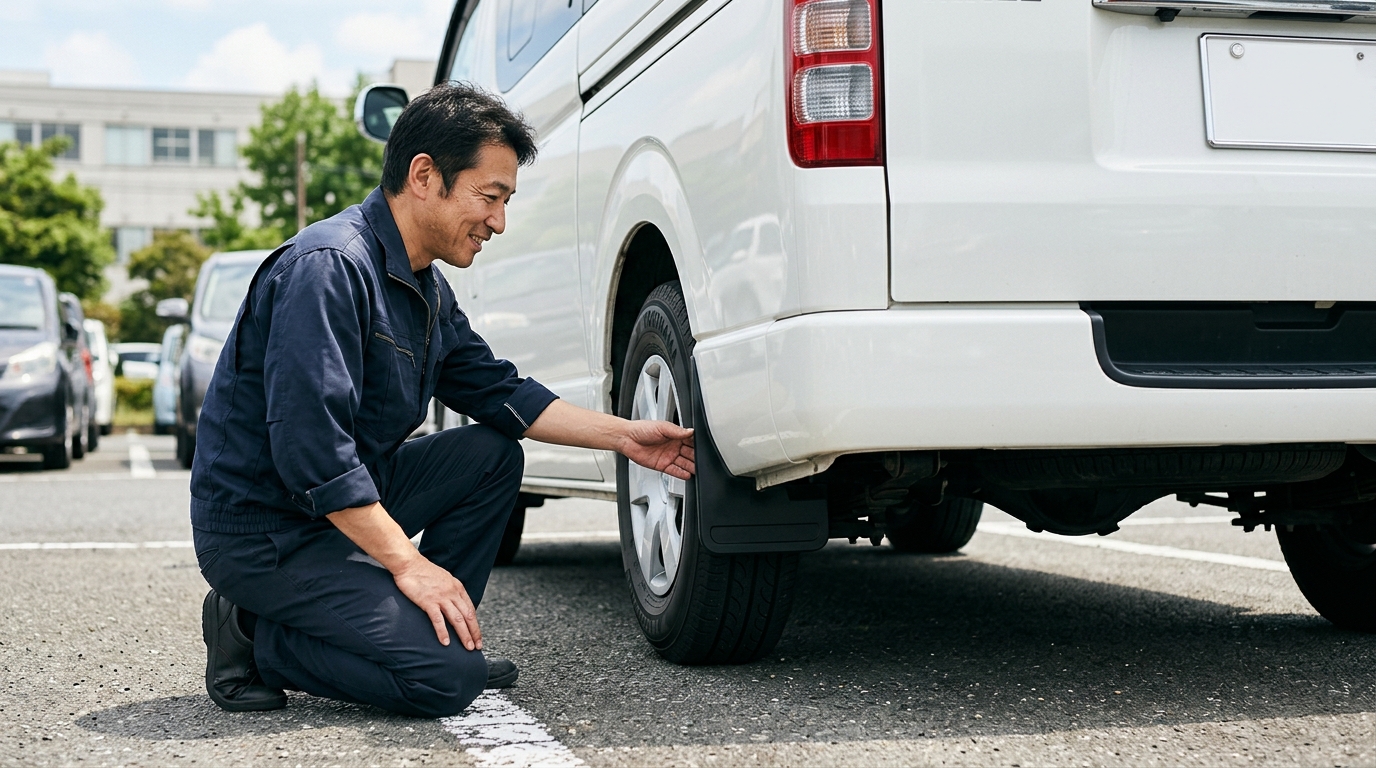Japanese Owner Inspecting Fitted Mud Flap on Toyota Hiace in Parking Lot