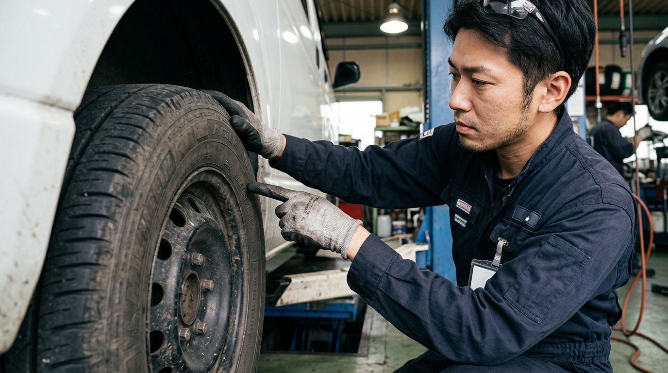 Checking Vehicle Inspection Certified Tire Markings on Hiace