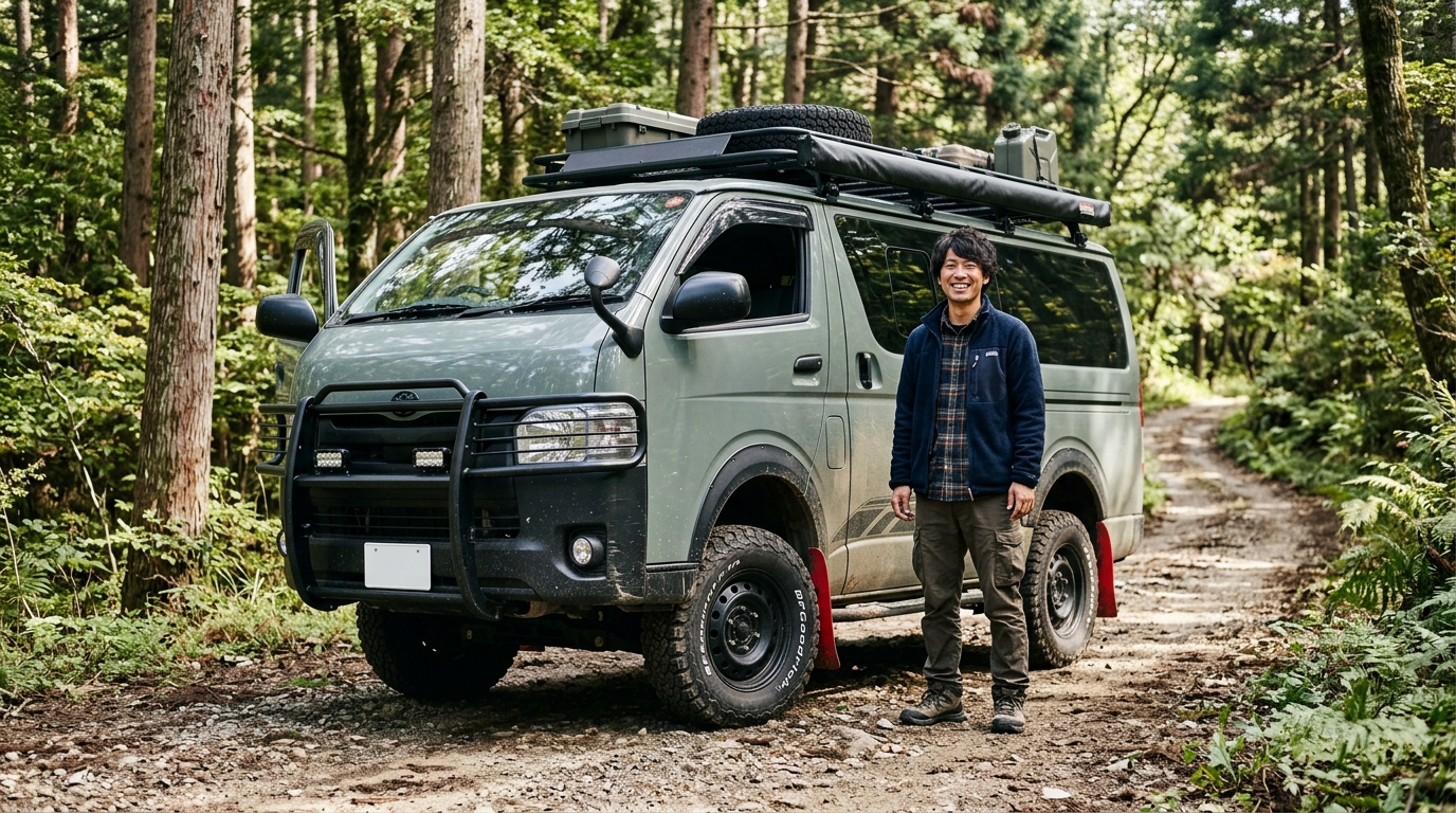 Lifted Off-road Toyota Hiace with Red Rally Mud Flaps and Camping Gear