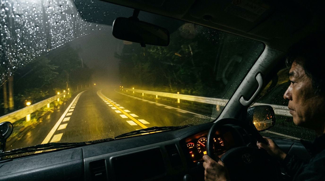 Deep Yellow LED Fog Lights Illuminating Wet Asphalt Road in Rainy Night