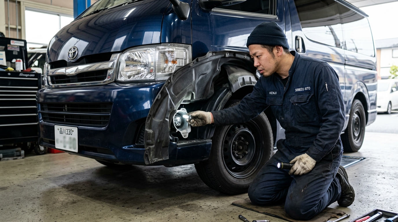 Mechanic Replacing Fog Lamp Bulb from Wheel Well of Toyota Hiace