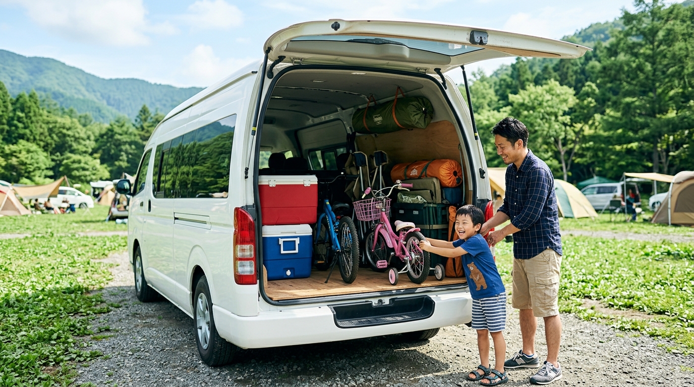 Massive Cargo Space of Hiace Van Packed with Family Camping Gear