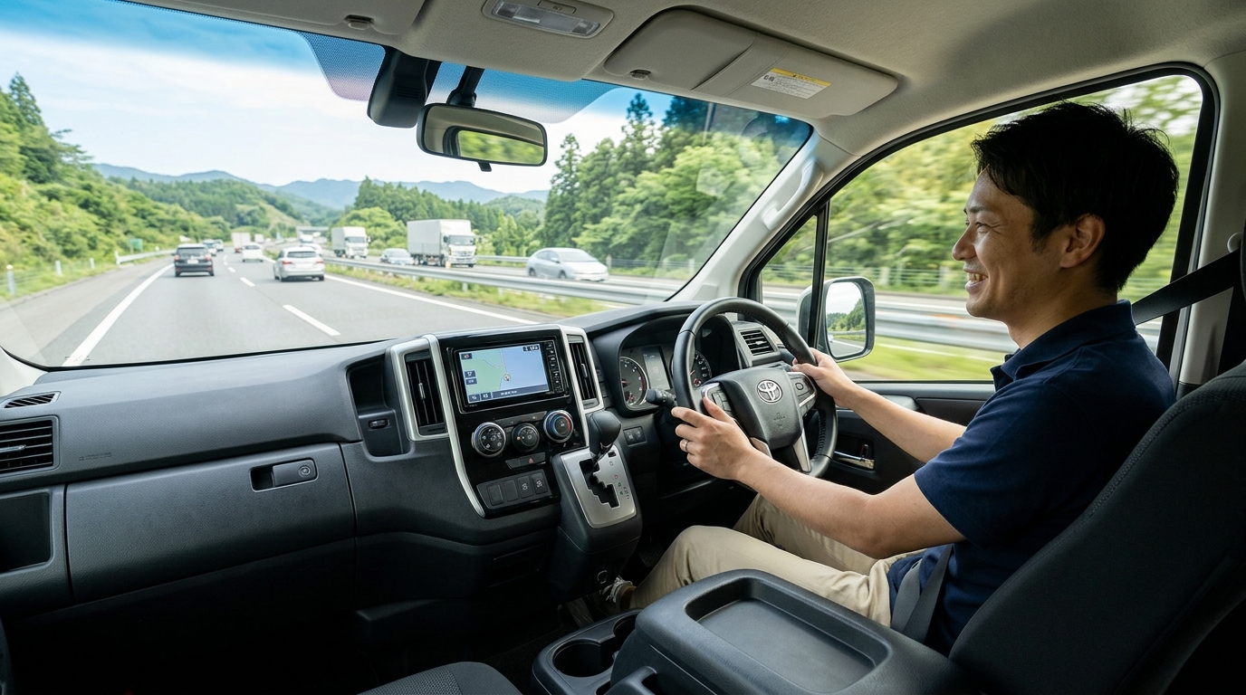 Japanese Couple Enjoying Quiet Comfortable Drive in Toyota Hiace