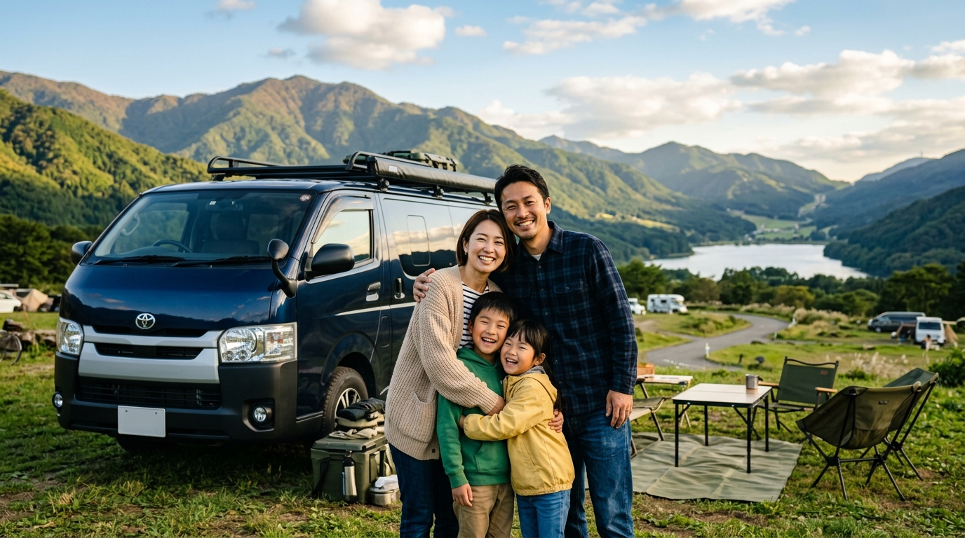 Happy Japanese Family Enjoying Road Trip in Toyota Hiace Van