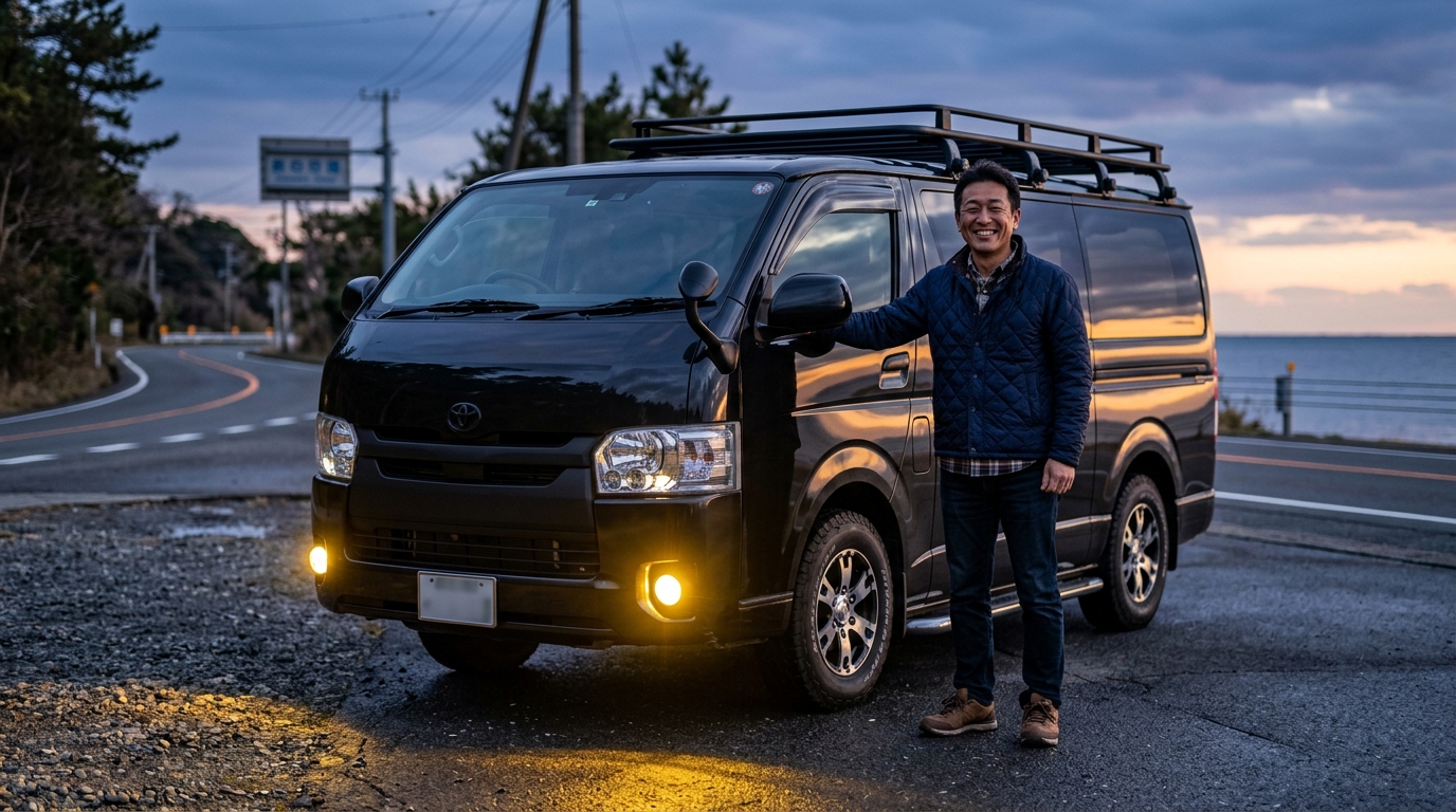 Satisfied Hiace Owner Standing in Front of Hiace with Bright LED Fog Lights at Dusk