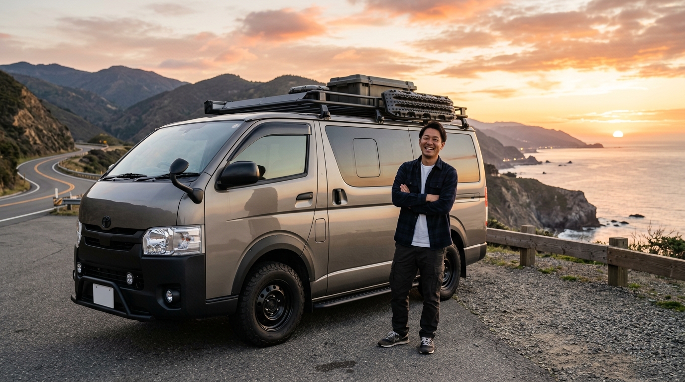 Summary of Stylish Mud Flaps on Toyota Hiace Van at Sunset Overlook