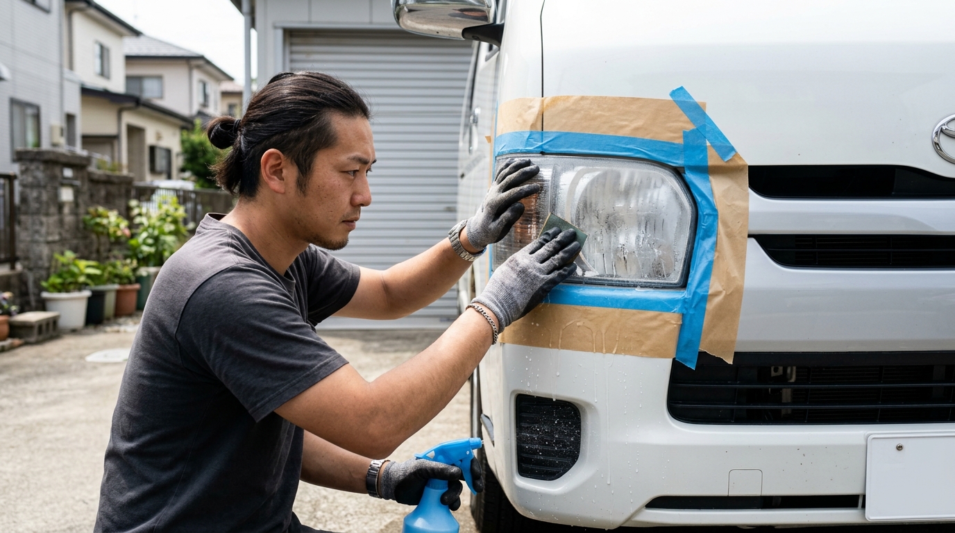 Toyota Hiace Headlight Wet Sanding and Clear Coating Restoration Process