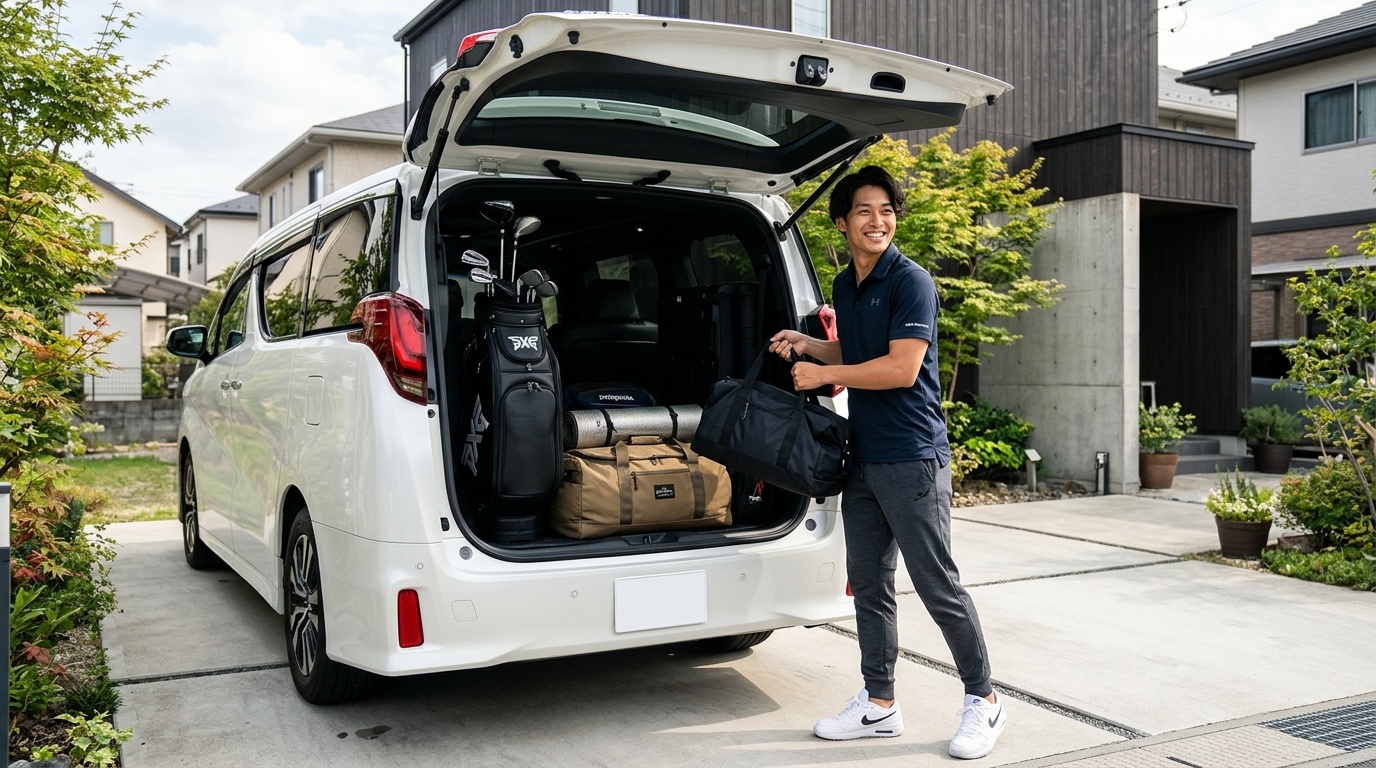 明るい日本の自宅駐車場でアルファードの広いラゲッジスペースにゴルフバッグとキャンプギアを積み込む若い日本人男性