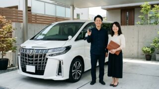 日本の閑静な自宅ガレージに停められたパールホワイトのアルファードの横でスマートキーと自動車保険証券を確認して微笑む若い日本人夫婦