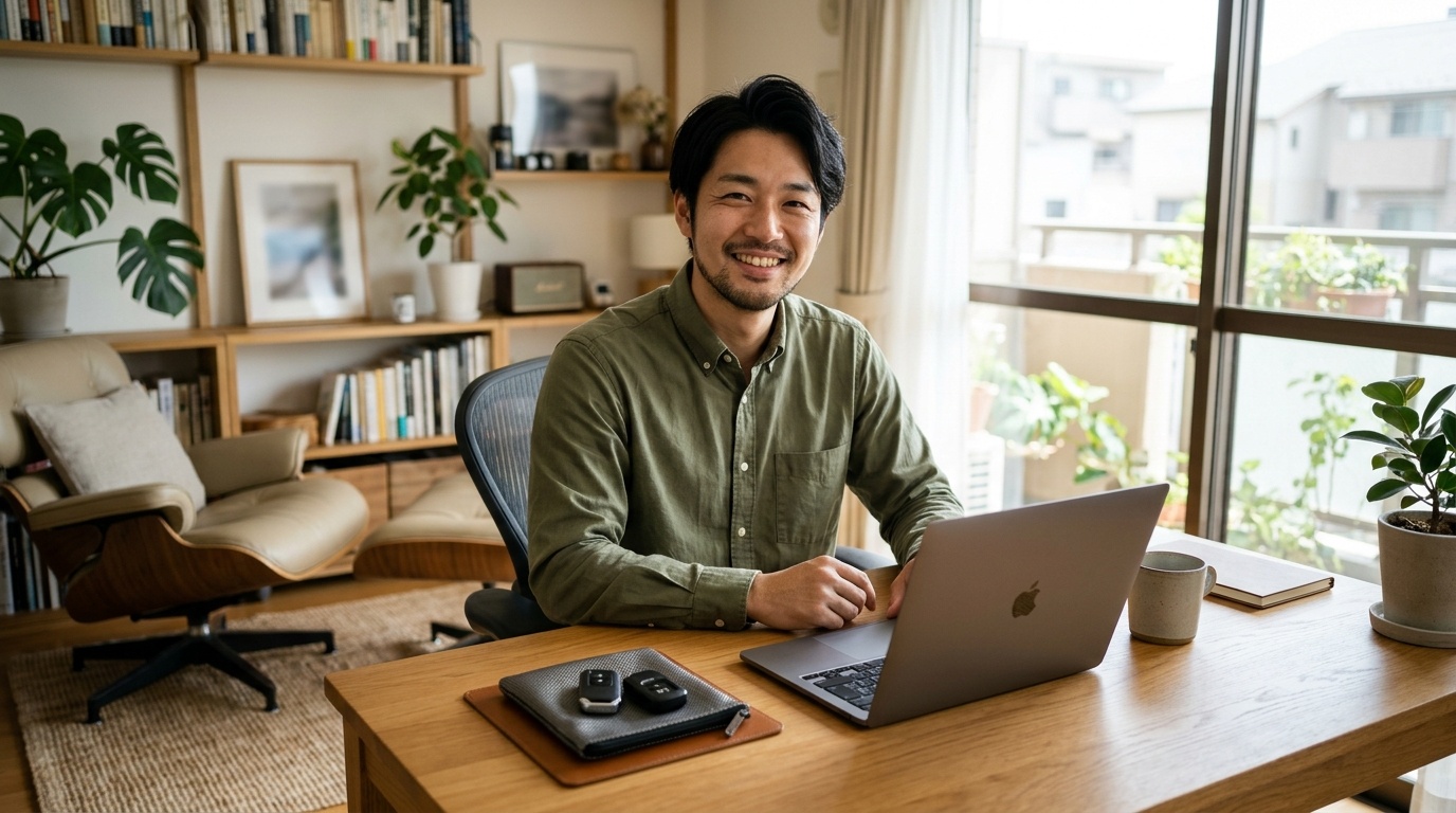 明るい日本のリビングでノートパソコンを開きアルファードの車両保険の協定保険価額と免責金額の設定画面を確認する若い日本人男性