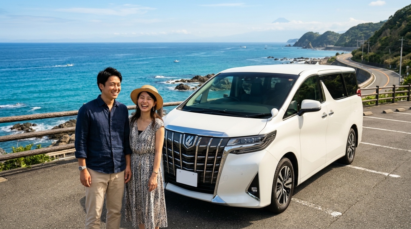 晴れた日の美しい日本の海沿い展望駐車場でピカピカのアルファードの横に立ち笑顔を見せる若い日本人夫婦