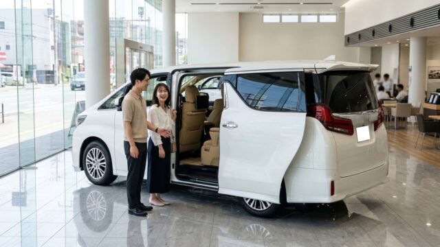 アルファードの7人乗りキャプテンシートと8人乗りベンチシートを比較検討する様子