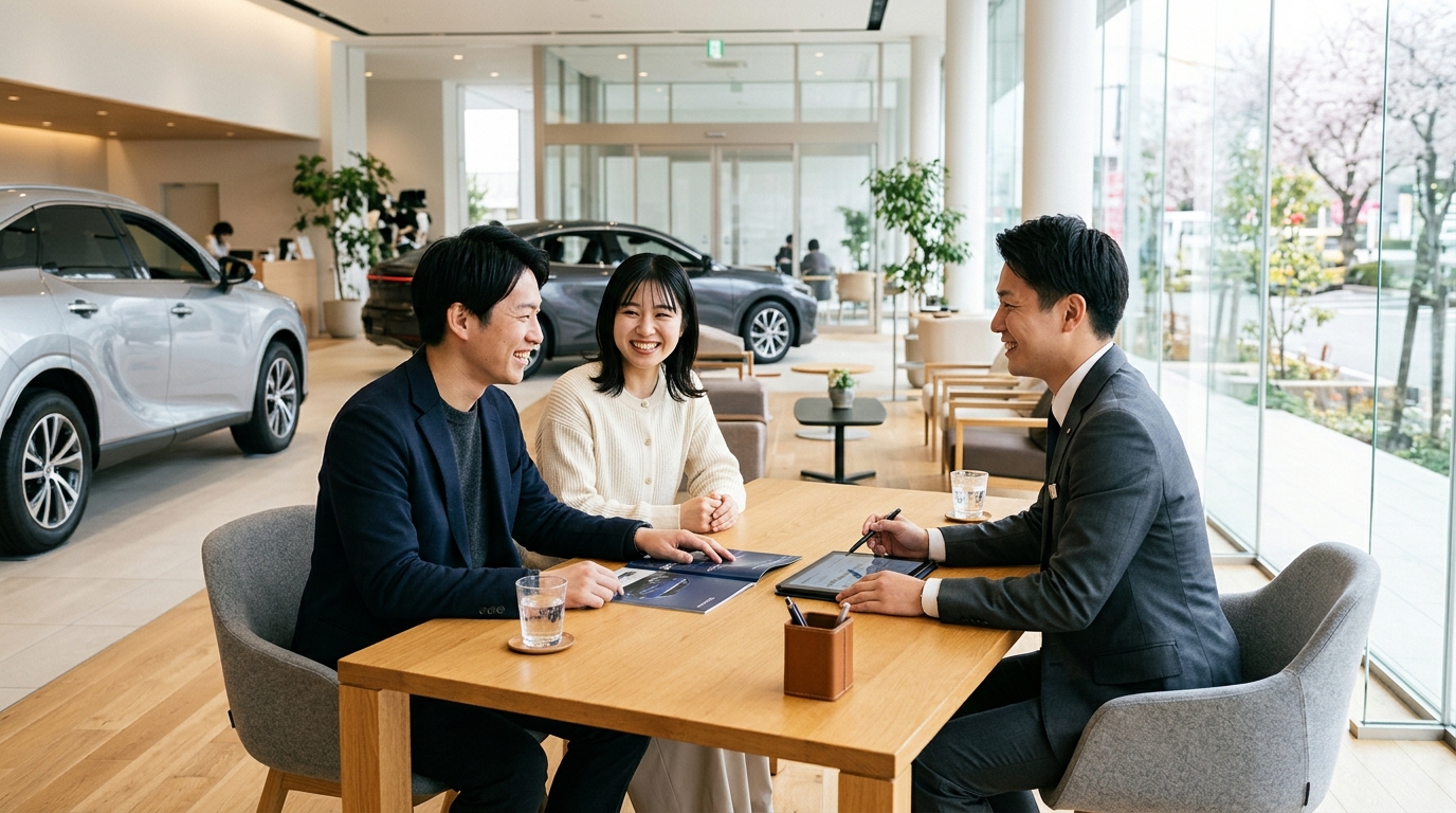 ディーラーの商談席でアルファードの7人乗りと8人乗りのカタログを比較する若い日本人夫婦