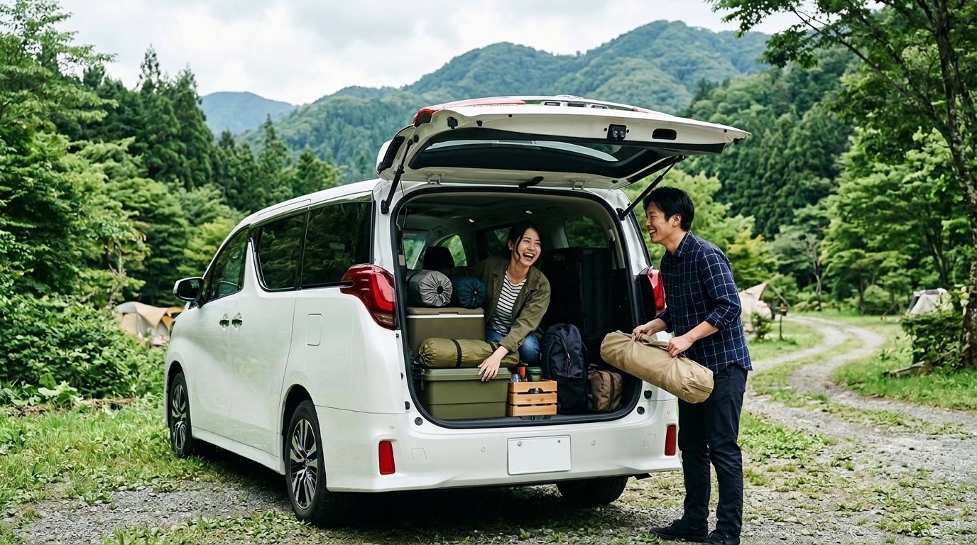 アルファードの後席をシートアレンジして広い荷室とフラット空間を確認する様子