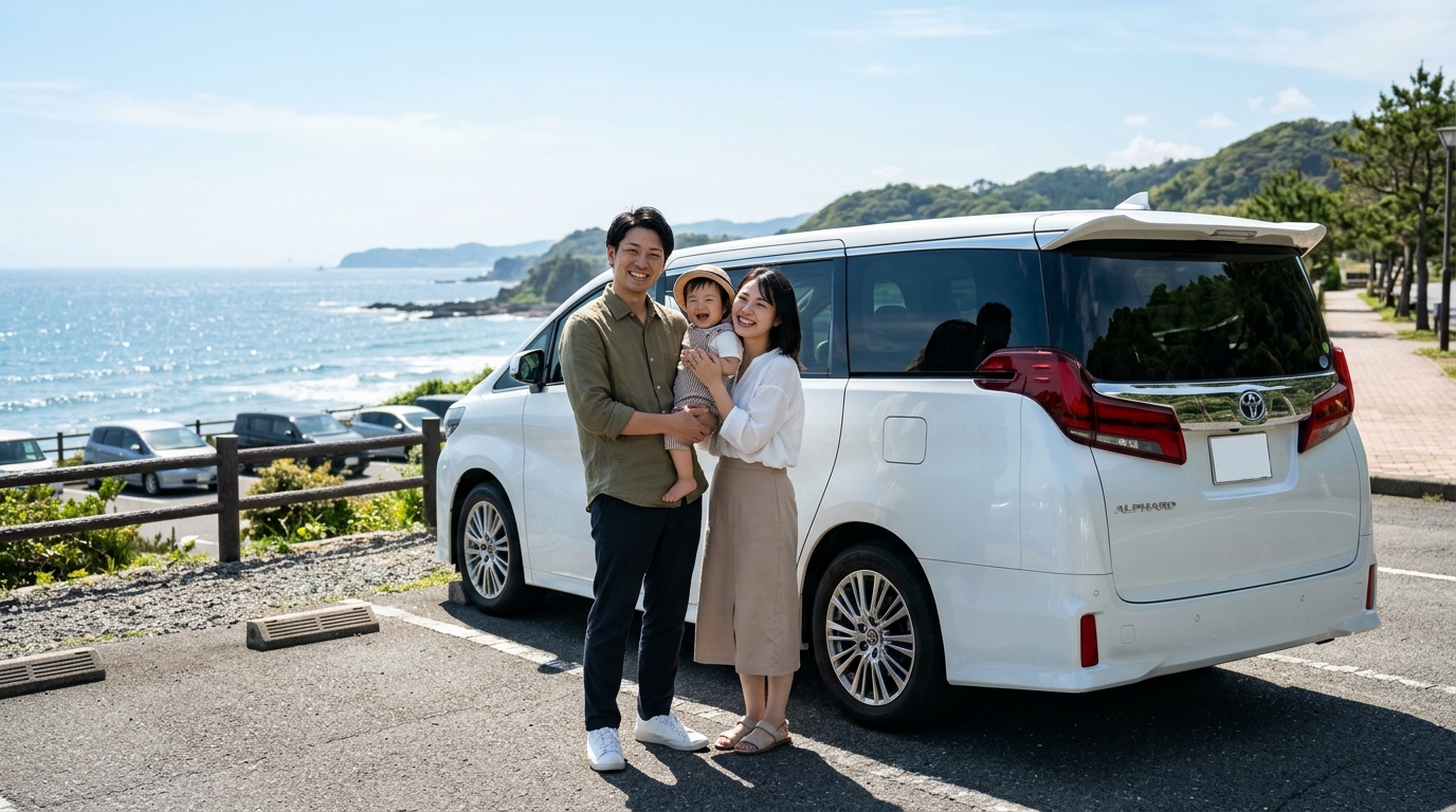 愛車のアルファードの前で笑顔を見せる若い日本人家族