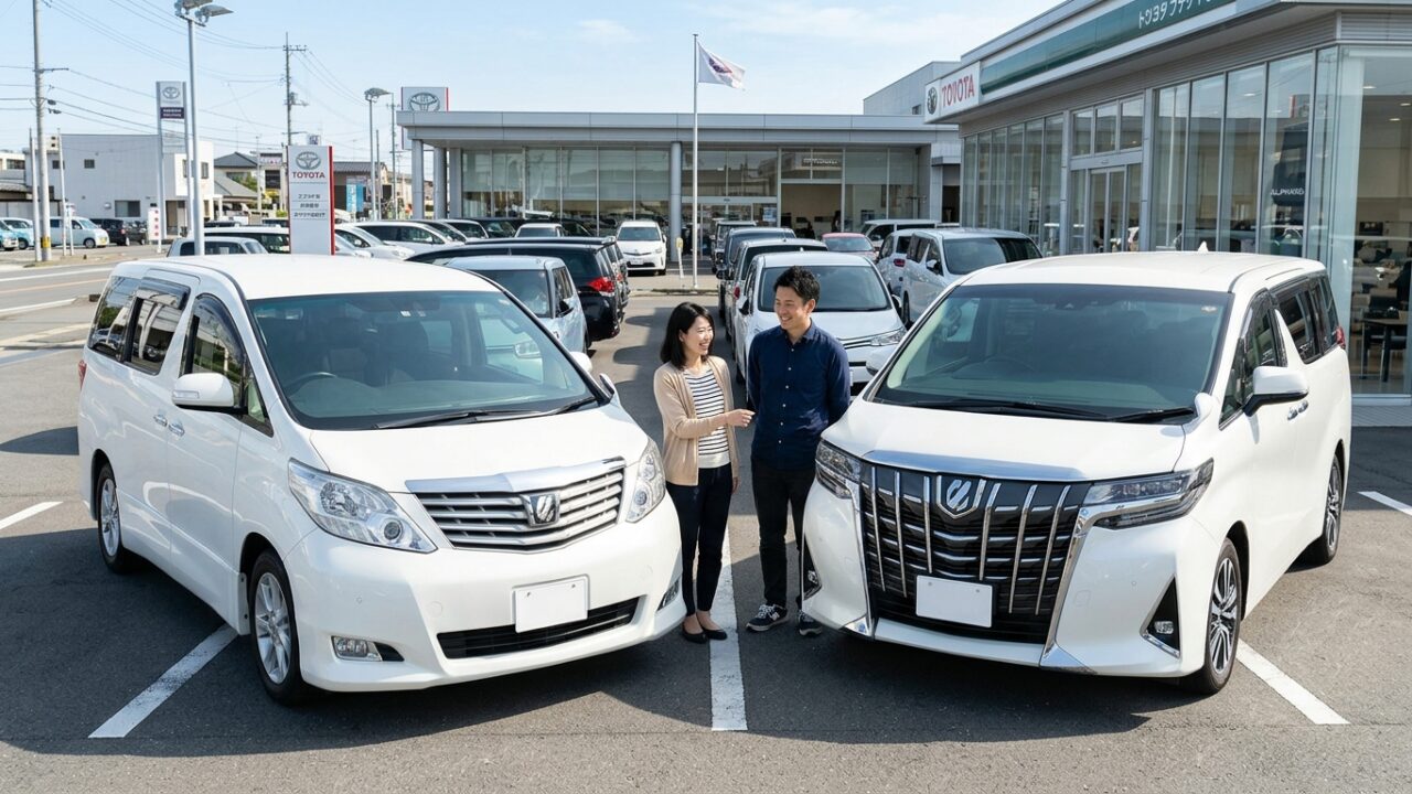 中古車販売店で20系アルファードと30系アルファードを並べて足回りと乗り心地を比較する様子