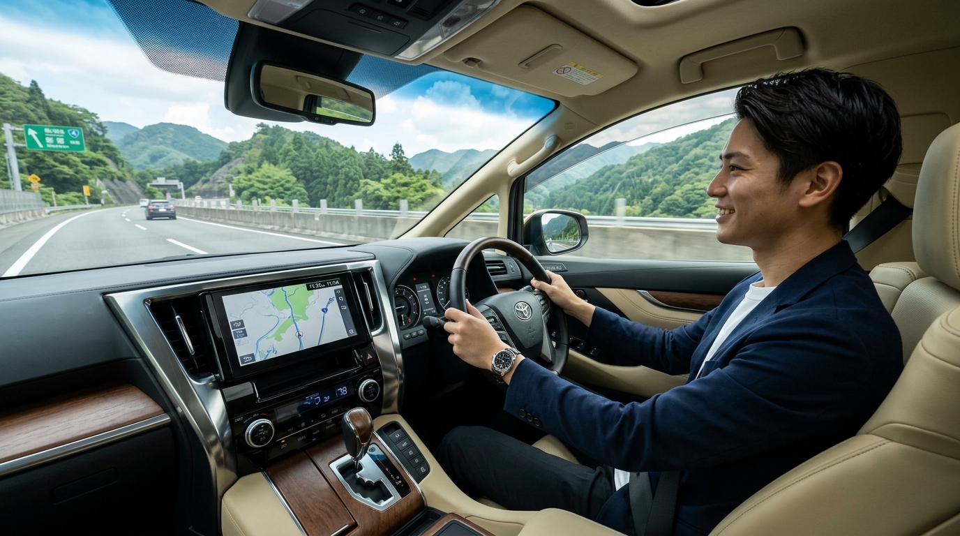高速道路を安定して巡航する30系アルファードの運転席でハンドルを握る若い日本人男性
