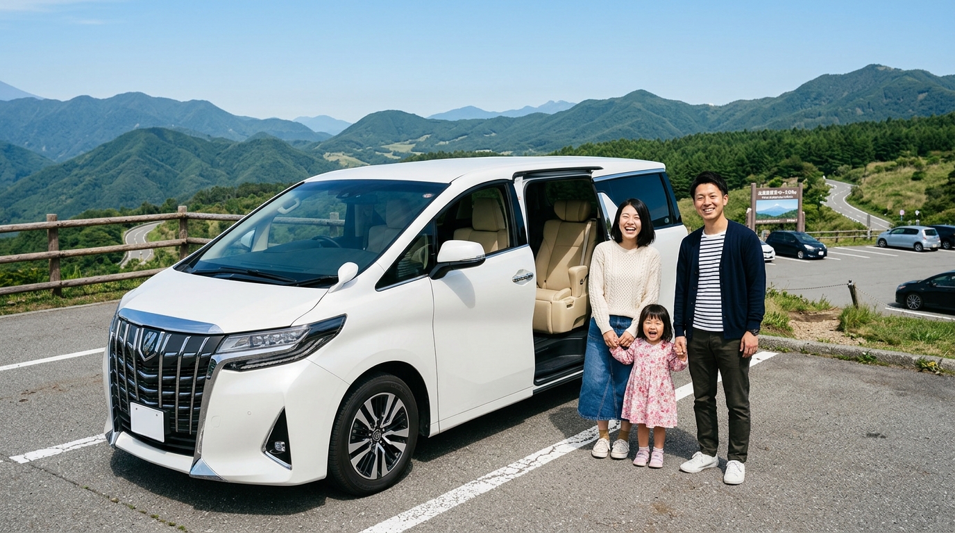 美しい高原のドライブコースで愛車のアルファードの横に立つ若い日本人家族