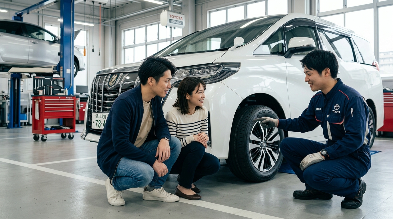 中古車販売店でアルファードのタイヤハウスとショックアブソーバーの状態を確認する若い日本人夫婦と整備士