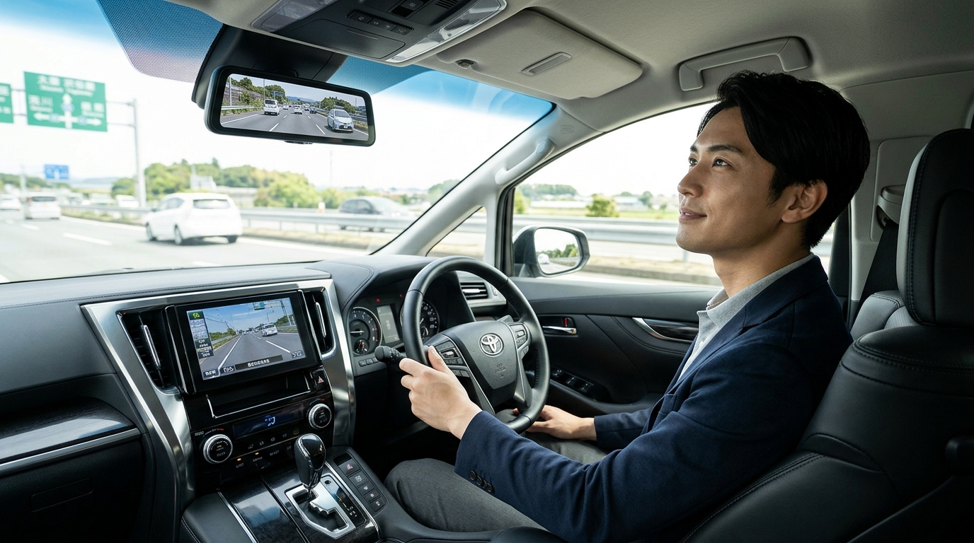 アルファードの運転席でクリアな後方カメラ映像を映し出すデジタルインナーミラーを確認する若い日本人男性