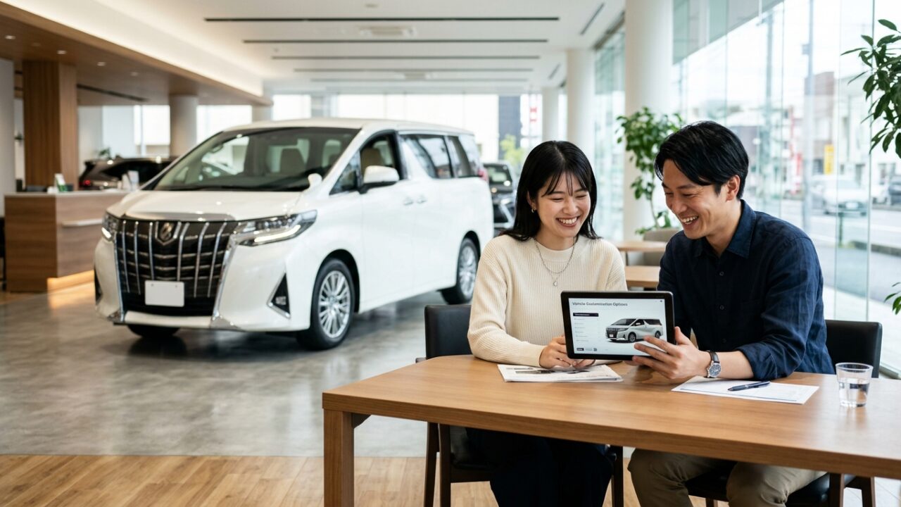 トヨタ販売店のショールームで新型アルファードの新車見積もりと必須オプションカタログを確認する若い日本人夫婦