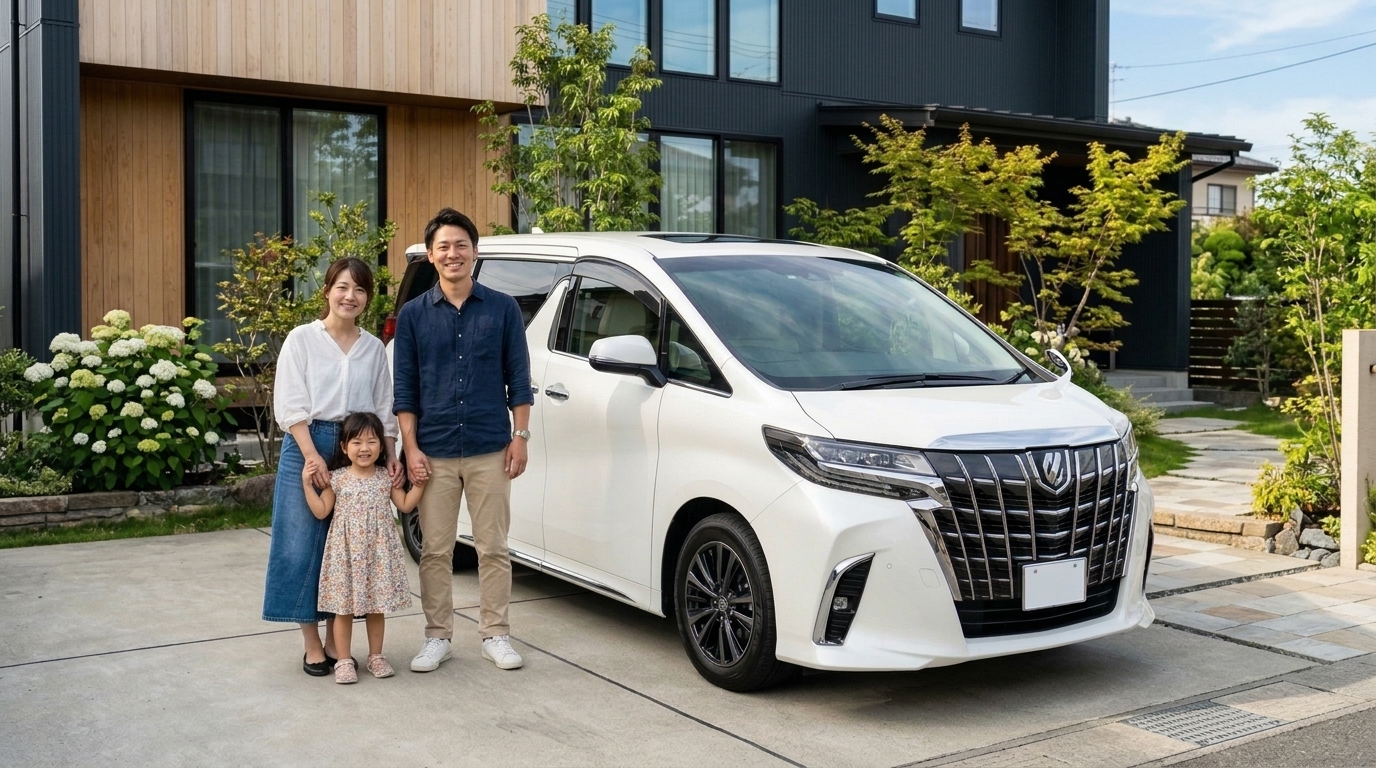 必須オプションを厳選して納車されたばかりの白い新型アルファードの前で笑顔を見せる若い日本人家族