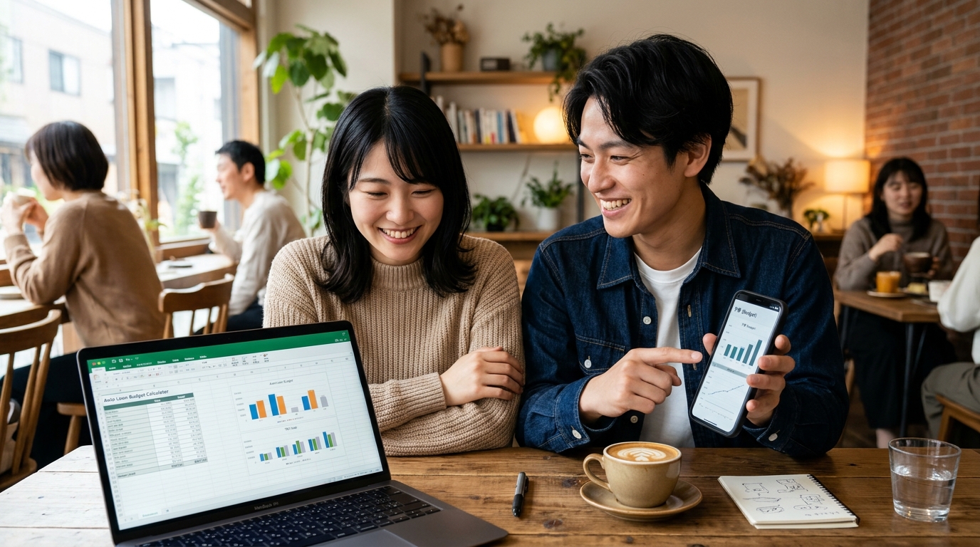 明るいカフェでノートパソコンを開き銀行マイカーローンの低金利プランをシミュレーションする若い日本人夫婦