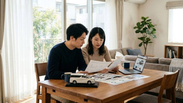自宅リビングで新型アルファードのカーリース見積書と残クレ・ローン比較表を見比べる若い日本人夫婦