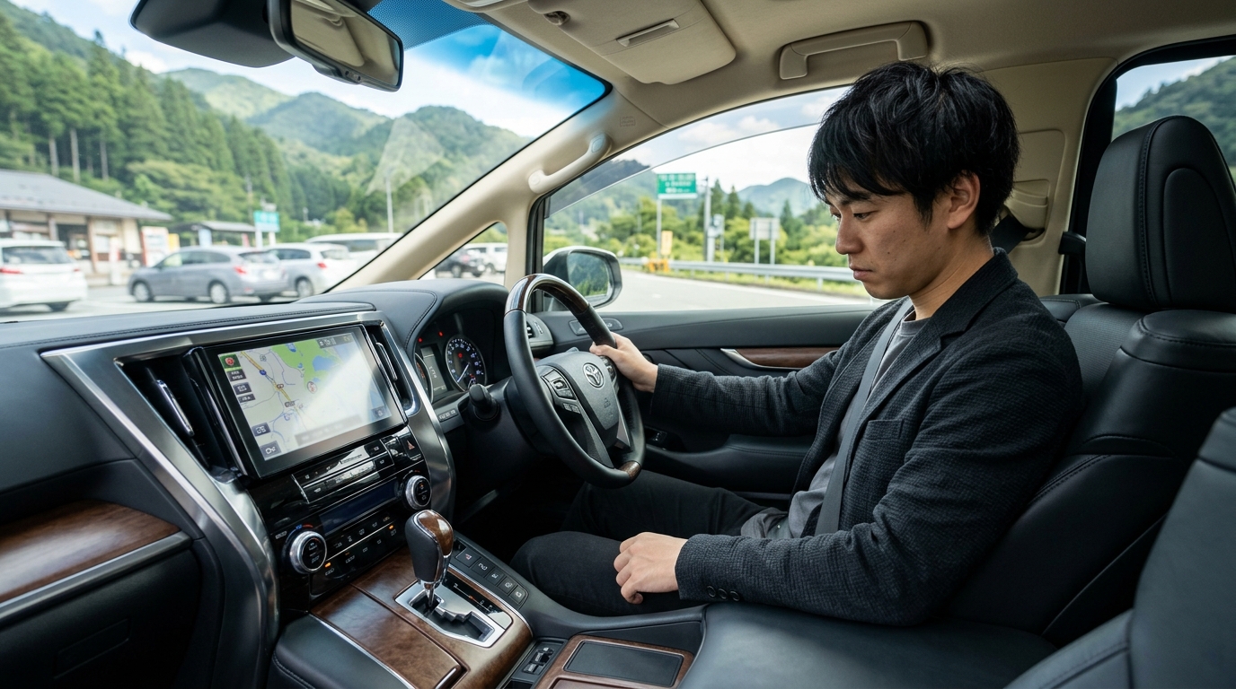 アルファードの運転席でデジタルメーターの総走行距離表示を確認する若い日本人ドライバー