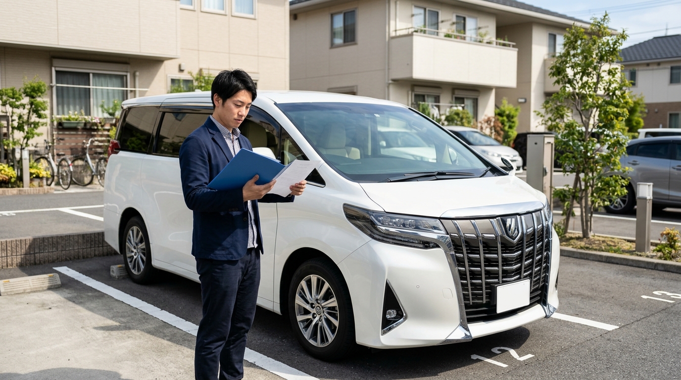 白い新型アルファードの横で車検証の所有者欄とリース契約書を確認する若い日本人男性
