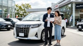 中古車販売店でパールホワイトのアルファードを前に年式と走行距離の比較表を見比べる若い日本人夫婦