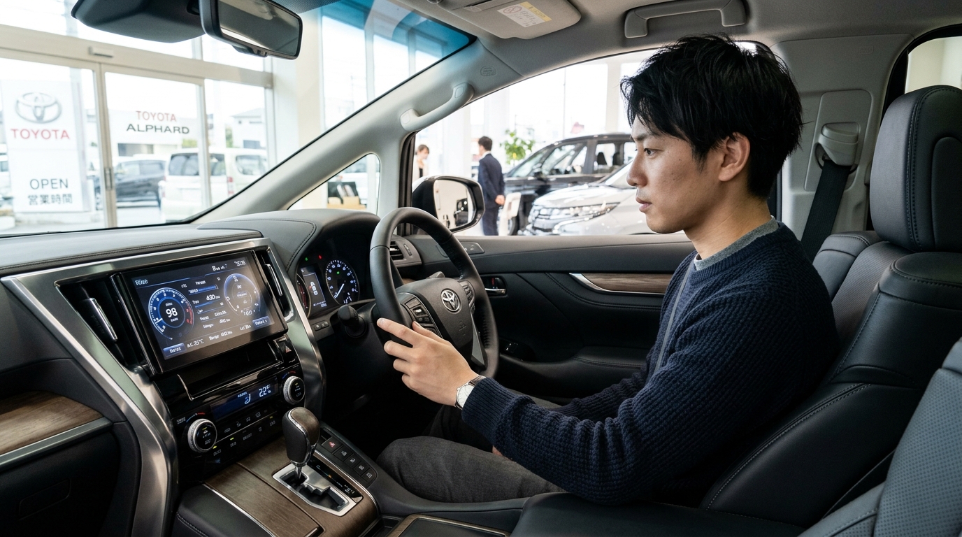 アルファードの運転席でデジタルオドメーターの走行距離表示とマルチインフォメーション画面を確認する若い日本人男性