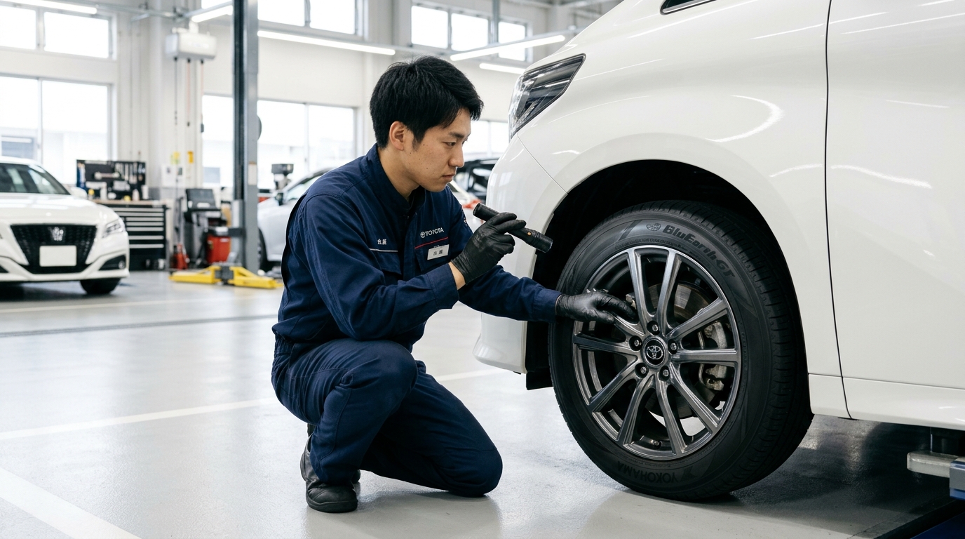 アルファードのフロントタイヤとブレーキローターおよびショックアブソーバー周辺を下から確認する若い日本人男性
