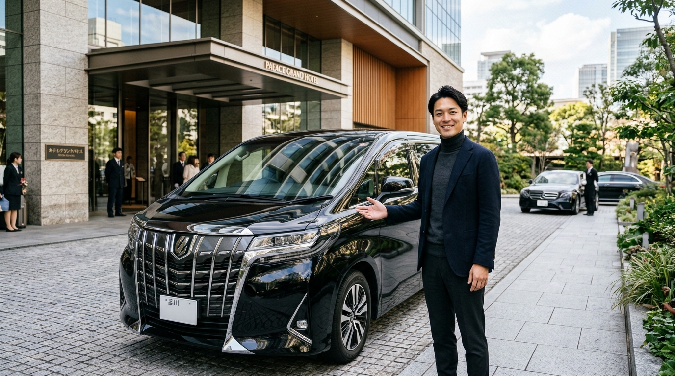 高級ホテルのエントランス前に佇む艶やかなブラックのアルファードと誇らしげに微笑む若い日本人男性オーナー