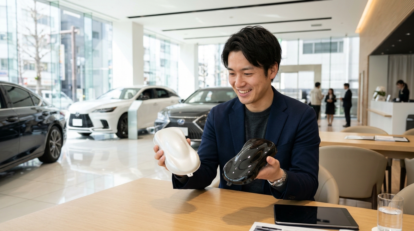 明るいショールームで白と黒のカラーサンプルミニカーを見比べながら商談する若い日本人男性