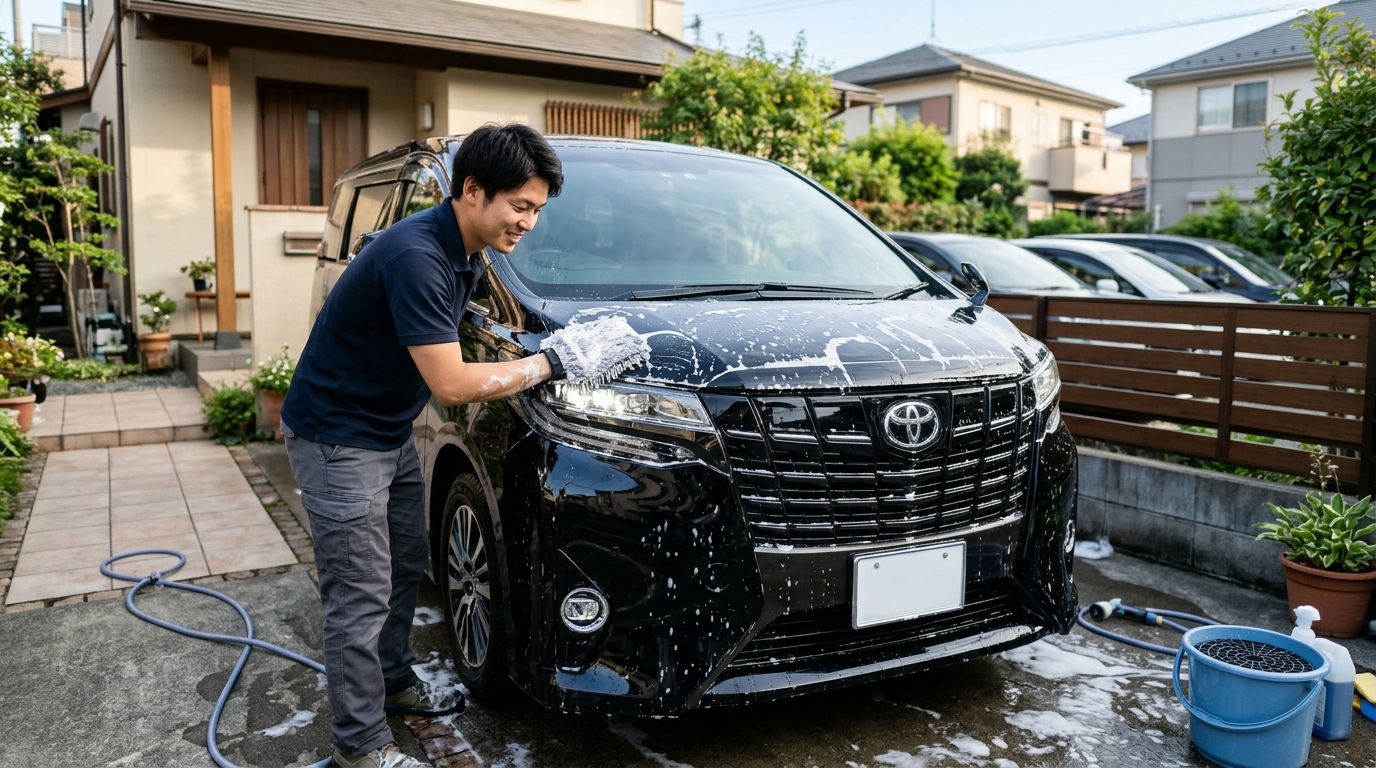 休日の洗車場で黒いアルファードのボディをたっぷりの泡と柔らかいマイクロファイバークロスで優しく手洗いする若い日本人男性