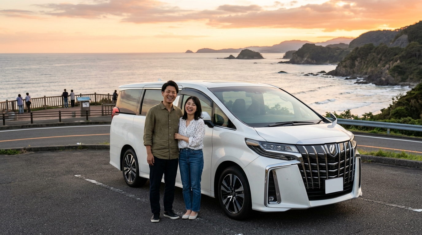 美しい夕暮れの海沿い展望駐車場に停めたプラチナホワイトパールのアルファードの横で微笑む若い日本人夫婦