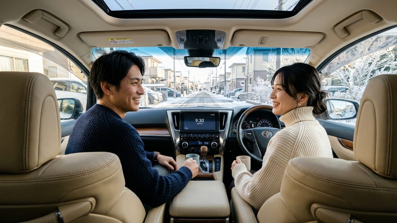 冬の朝の澄んだ空気のなかアルファードの温かい車内で笑顔を見せる若い日本人夫婦