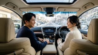 冬の朝の澄んだ空気のなかアルファードの温かい車内で笑顔を見せる若い日本人夫婦