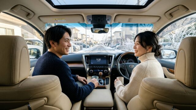 冬の朝の澄んだ空気のなかアルファードの温かい車内で笑顔を見せる若い日本人夫婦
