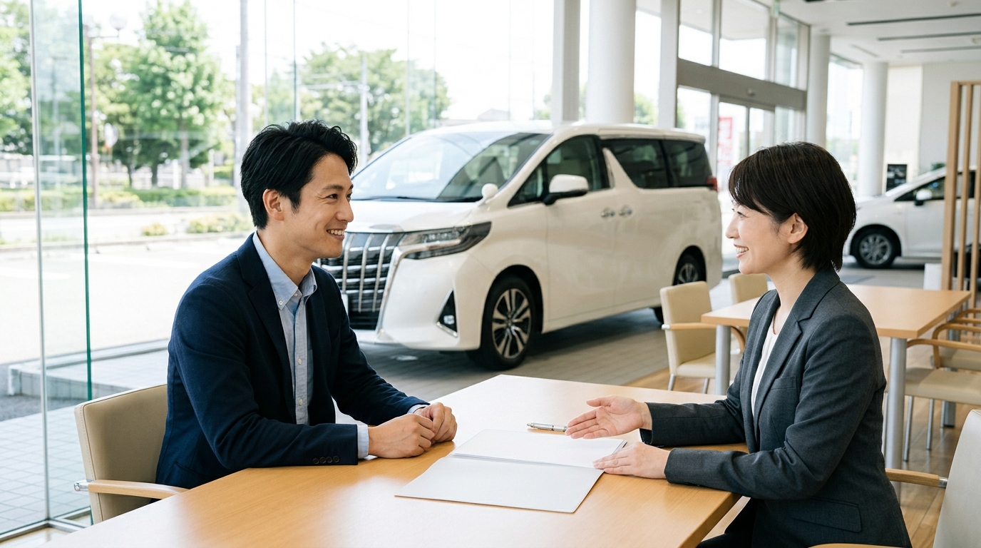 買取店の清潔な商談スペースで寒冷地仕様付きアルファードの高額査定シートを見て納得の笑顔を浮かべる若い日本人男性
