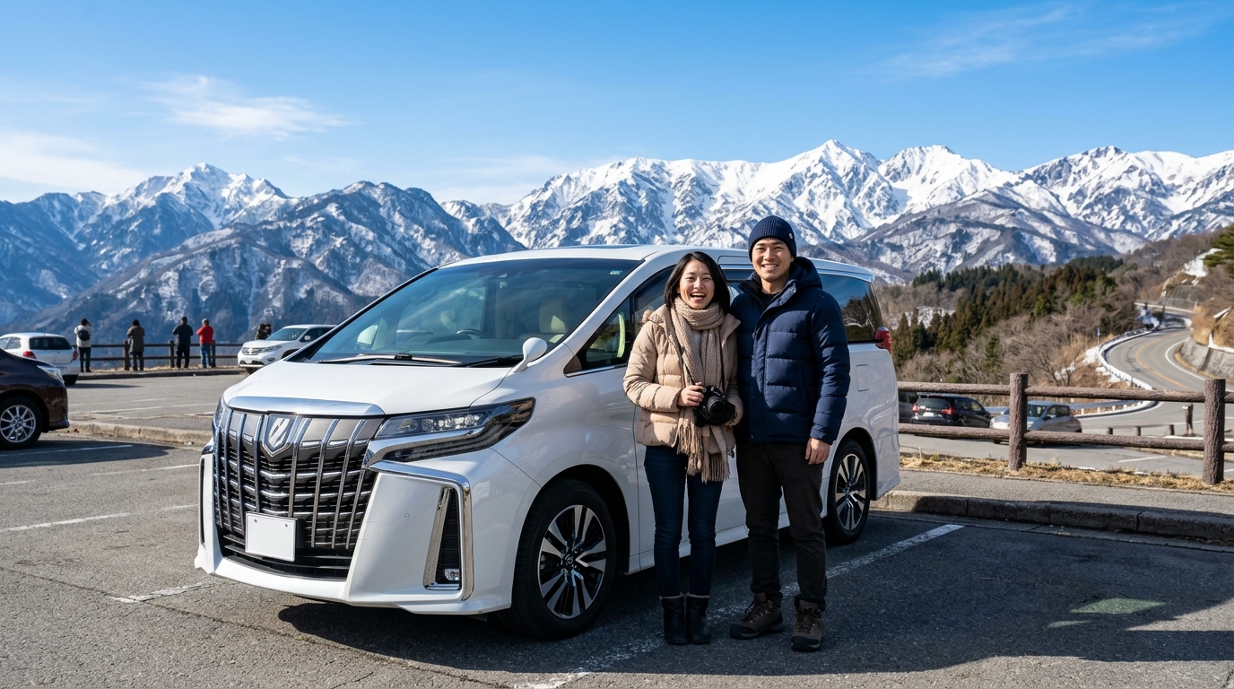 冬の晴れた高原ドライブで美しい雪山を背景にアルファードの横で微笑む若い日本人夫婦