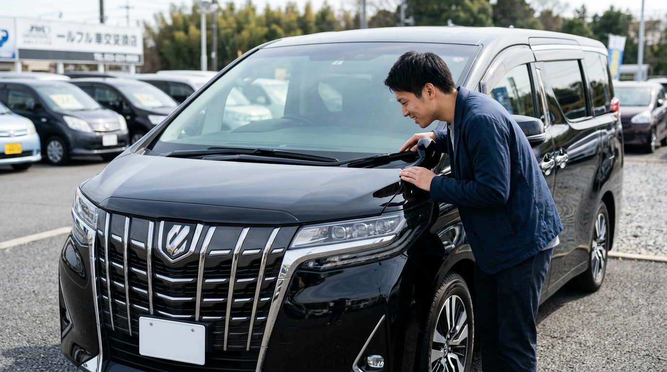 中古車販売店の展示場でアルファードのフロントガラス下部のワイパー熱線プリントを指さして確認する若い日本人男性